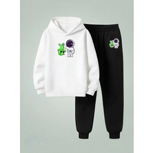 Vodexa Erkek Çocuk Kapüşonlu Takım Uzaylı 3 Iplik Şardonlu Sweatshirt-Eşofman Takım