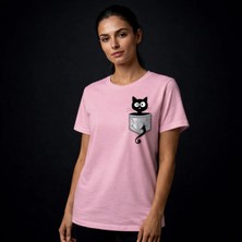 Vodexa Oversize T-Shirt Cepteki Kedii Baskılı %100 Pamuk Tişört Rahat Kalıp