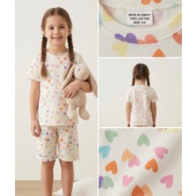 Seply Home Kız Çocuk %100 Pamuk Renkli Kalp Desenli Kısa Kollu Şortlu Pijama Takımı
