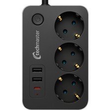 Techmaster 2 USB + Type-C Akım ve Çocuk Korumalı 3lü Kare Priz 2mt