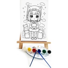 Lilafil Anime Kız Ressam Seti - 20 x 30 cm Önçizimli Tuval, 2 Adet Fırça, Palet, Boyalar ve Şövale