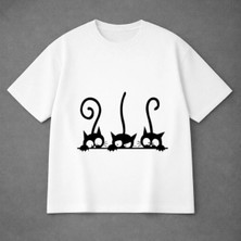 Vodexa Ünisex Oversize T-Shirt 3 Kedi Baskılı %100 Pamuk Tişört Rahat Kalıp