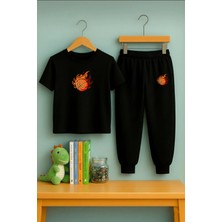 Vodexa Erkek Çocuk Eşofman & Tişört Kombin | %100 Pamuk Ateşli Basket Topu Baskılı Set | Rahat Kalıp Trend