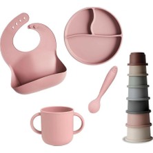 Meleni Baby 5'li Set Silikon Mama Önlüğü Kulplu Bardak Vakumlu Tabak Mama Kaşığı ve Kule Aktivite Oyuncağı Pembe