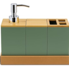Bambu Kapaklı Yeşil Banyo Seti – Sıvı Sabunluk, Diş Fırçalık, Çok Gözlü Organizer ve Düzenleyici