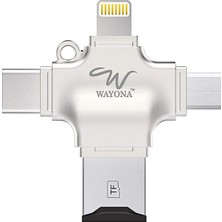 Wayona 4'ü 1 Arada Otg Kart Okuyucu Dört Bağlantı Noktası: Lightning + Tip C + Micro USB + USB Kart Okuyucu, Gümüş