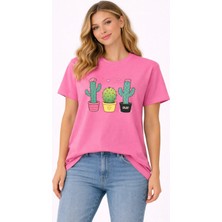 Vodexa Oversize T-Shirt Kaktüs Baskılı %100 Pamuk Tişört Rahat Kalıp