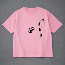 Vodexa Ünisex Oversize T-Shirt Tırmanan Kediler Baskılı %100 Pamuk Tişört Rahat Kalıp