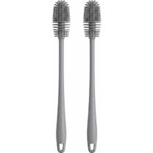 Silikon Biberon ve Matara Fırçası, Esnek Saplı, Gri, 30 Cm, 2'li Set, Bardak Temizliği Için Ideal