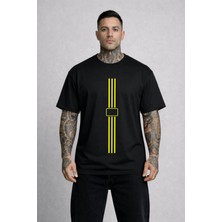 Vodexa Erkek Oversize T-Shirt Sarı Çizgi Baskılı %100 Pamuk Tişört Rahat Kalıp