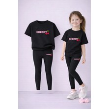 Vodexa Kız Çocuk Takım T-Shirt ve Esnek Tayt Set %100 Pamuk Kiraz Baskı – Rahat Spor Kombin