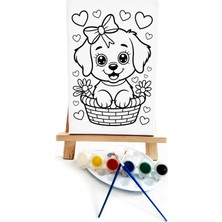 Lilafil Sepetteki Köpek Ressam Seti - 20 x 30 cm Önçizimli Tuval, 2 Adet Fırça, Palet, Boyalar ve Şövale