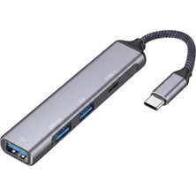 Type-C To USB Hub - 4 Portlu Alüminyum Çoklayıcı Dönüştürücü, Macbook, Laptop ve Telefon Uyumlu Tak Çalıştır Taşınabilir Çoklayıcı Adaptör (Gri)