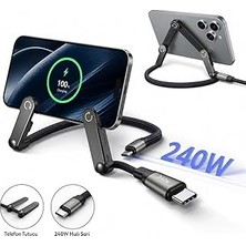 Teknosepetim Standlı Type-C To Type-C Şarj Kablosu 150 cm 240W Örgülü Hızlı Şarj & Data Kablosu Telefon Tablet Tutucu Macbook Uygun