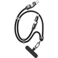 Bix 240W Usb-A ve Usb-C ve Lightning Çok Fonksiyonlu Askı Ipli Premium Örgü 1.5 Metre Yüksek Hızlı Şarj ve Veri Kablosu Siyah