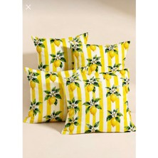 Sarı Çizgili Limon Desenli Salon Yastık Kırlent Kılıfı 4’lü Set | Fermuarlı Dijital Baskılı