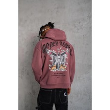 Tarz Yeri Erkek 3 Iplik Pamuklu Baskılı Kapüşonlu Cepli Sweatshirt Hoodie - Gül Kurusu