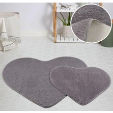 My Evilla Modern Dekoratif Halı Jel Kaymaz Taban Peluş Puffy Kalp Model Gri Paspas Takımı 70X100-70X60