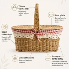 Welcomein Rattan Dikdörtgen Piknik Sepeti Kapaklı Hasır Sepet Kırmızı Ekose Dantelli Taşıma Saplı