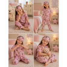 Serpil Kız Çocuk Pembe Desenli Kısa Kollu Önden Düğmeli Uzun Alt Pijama Takımı Uyku Bandı Hediyeli