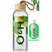 Moontime Alaçatı H2O Borosilikat Cam Matara Bambu Vakum Kapaklı Su Şişesi Suluk