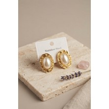 Arzino 316L Gold Renk Gold Renk Vintage Beyaz Incili Model Küpe