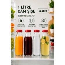 Moontime Alaçatı 4 Adet 1 Litre Şeffaf Sürahi Süt, Ayran, Su, Limonata, Meşrubat Şişesi Plastik Kapaklı Cam Şişe