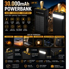 HiboTekno Lkp-46 30.000MAH Powerbank 22.5W Hızlı Şarj 4xusb LCD Ekran Dahili USB Lightning Type-C Kablolu Kamp Işıklı Taşınabilir Şarj Cihazı