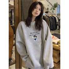 Tarzsokak Slogan ve Karikatür Grafikli Düşük Omuz Oversize Sweat Gri
