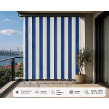 Taç Mavi Beyaz Çizgili Su Geçirmez Kornişli Bağcıklı Balkon Perdesi Branda Enxboy