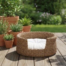 Asitan Doğal Hasır Yuvarlak Kedi ve Köpek Yatağı, 45X18 cm Örme Sepet, Yumuşak Minderli ve Dekoratif
