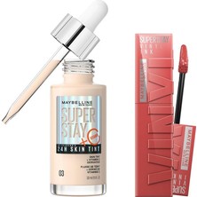 Renas Store Maybelline New York Super Stay Vinyl Ink Uzun Süre Kalıcı Likit Parlak Ruj 15 Peachy & Super Stay Skin Tint Fondöten - 03 Makyaj Seti