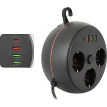Akmanora Çoklu Priz Akım Koruma 3 Soket 3 USB Type C Hızlı Şarj 2m Uzatma Kablosu