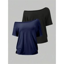Tarzsokak Siyah Kadın Düşük Omuz Kayık Yaka Baskılı 2'li T-Shirt