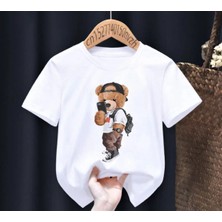 Tarzsokak Ayıcık Baskı Çocuk Tişört 2 Yaş/15 Yaş Kısa Kol Trend Beyaz Oversize Kesim