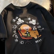 Tarzsokak Siyah Yeni Kurbağa Evrimi Baskı Japon Retro Streetwear Yaz Tee Vintage
