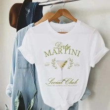 Tarzsokak Beyaz Baskılı Günlük Stil 90'lar O-Yaka Trendy ve Çok Yönlü Kirli Martini S