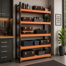 Rafburada 5 Katlı Dekoratif Midi Rack - Ekonomik Depo,Arşiv, Kiler Rafı  - Siyah-Turuncu-35x90 cm-150 cm