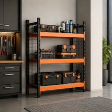 Rafburada 3 Katlı Dekoratif Midi Rack - Ekonomik Depo,Arşiv, Kiler Rafı  - Siyah-Turuncu-46x150 cm-150 cm