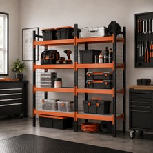 Rafburada 4 Katlı Duble Dekoratif Midi Rack - Ekonomik Depo,Arşiv, Kiler Rafı  - Siyah-Turuncu-46x150 cm-150 cm