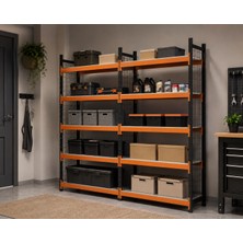 Rafburada 5 Katlı Duble Dekoratif Midi Rack - Ekonomik Depo,Arşiv, Kiler Rafı  - Siyah-Turuncu-46x120 cm-150 cm