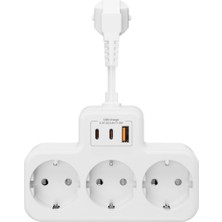 TeknoKapsül Vetech Akım Korumalı Grup Priz Duvar Tipi 3x Priz, 2x Type-C, 1x USB Port Çıkışlı Çoklu Priz (Beyaz)