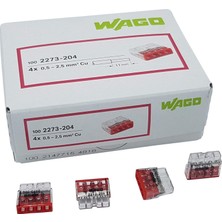 TeknoKapsül Wago 100 Adet 2273-204 Compact Bağlantı Kutusu Kelepçesi Ø 0,5-2,5 Mm², 4 Kutuplu, Şeffaf/kırmızı