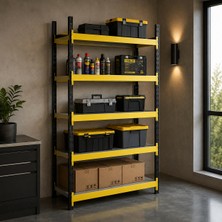 Rafburada 5 Katlı Tekli Midi Rack - Ekonomik Depo,Arşiv, Kiler Rafı  - Siyah-Turuncu-35x90 cm-150 cm