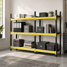Rafburada 3 Katlı Duble Midi Rack - Ekonomik Depo,Arşiv, Kiler Rafı  - Siyah-Turuncu-35x150 cm-100 cm