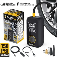 TeknoKapsül Sgs Plus Şarjlı Hava Kompresörü, Dijital Ekran, 12V 6.0AH Lithium-Ion Batarya, 6000MAH Powerbank, LED Fener, 150 Psı, Araba Motorsiklet Bisiklet Için