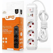 TeknoKapsül Ufo Yeni 3lü Akım Korumalı Grup Priz 1,5 Metre Bakır Kablolu, 5V 2,4A USB ve Type-C ile Şarj, Anahtarlı Topraklı Priz, Sürekli Koruma, 16A 250V, Max 3500W Aşırı Yük Koruması, 1,5m. Beyaz Renk