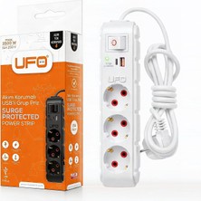 TeknoKapsül Ufo Yeni 3lü Akım Korumalı Grup Priz 0,5 Metre Bakır Kablolu, 5V 2,4A USB ve Type-C ile Şarj, Anahtarlı Topraklı Priz, Sürekli Koruma, 16A 250V, Max 3500W Aşırı Yük Koruması, 0,5m. Beyaz Renk