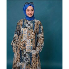 Otantik Desen Boydan Düğmeli Büyük Beden Viskon Elbise