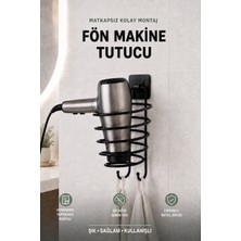 Risingmaber Siyah Yapışkanlı Banyo Saç Kurutma Makinesi Askısı, Fön Makine Askısı ve Çift Kancalı Askılı Fön Makinelik MT136S